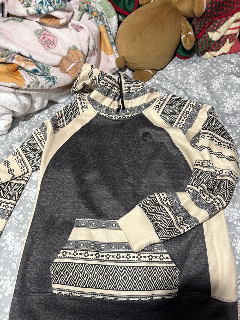 Hooey Charcoal and Cream Patterned Sleeve Zip-Up Sweater